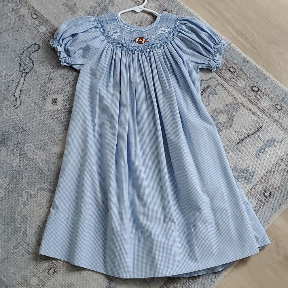 Rosalina Smocked Embroidered Blue Gingham Football Bishop Dress Sz4T